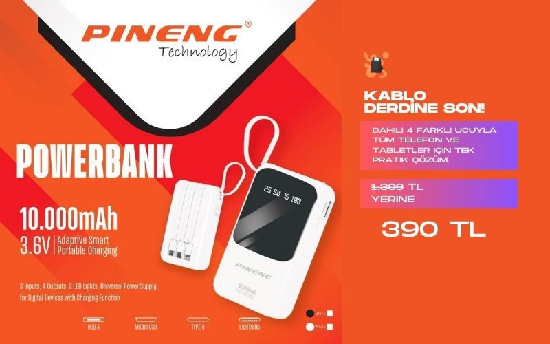  /pineng-pn-560-10000-mah-4-kablolu-ledli-powerbank-beyaz