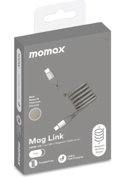 Momax Mag Link 100W 1M Usb-C Manyetik Kablo Doğal Titanyum