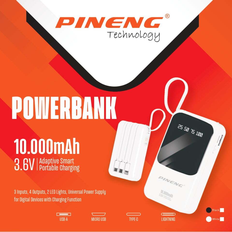 Pineng PN-560 10000 Mah 4 Kablolu Ledli Powerbank Beyaz